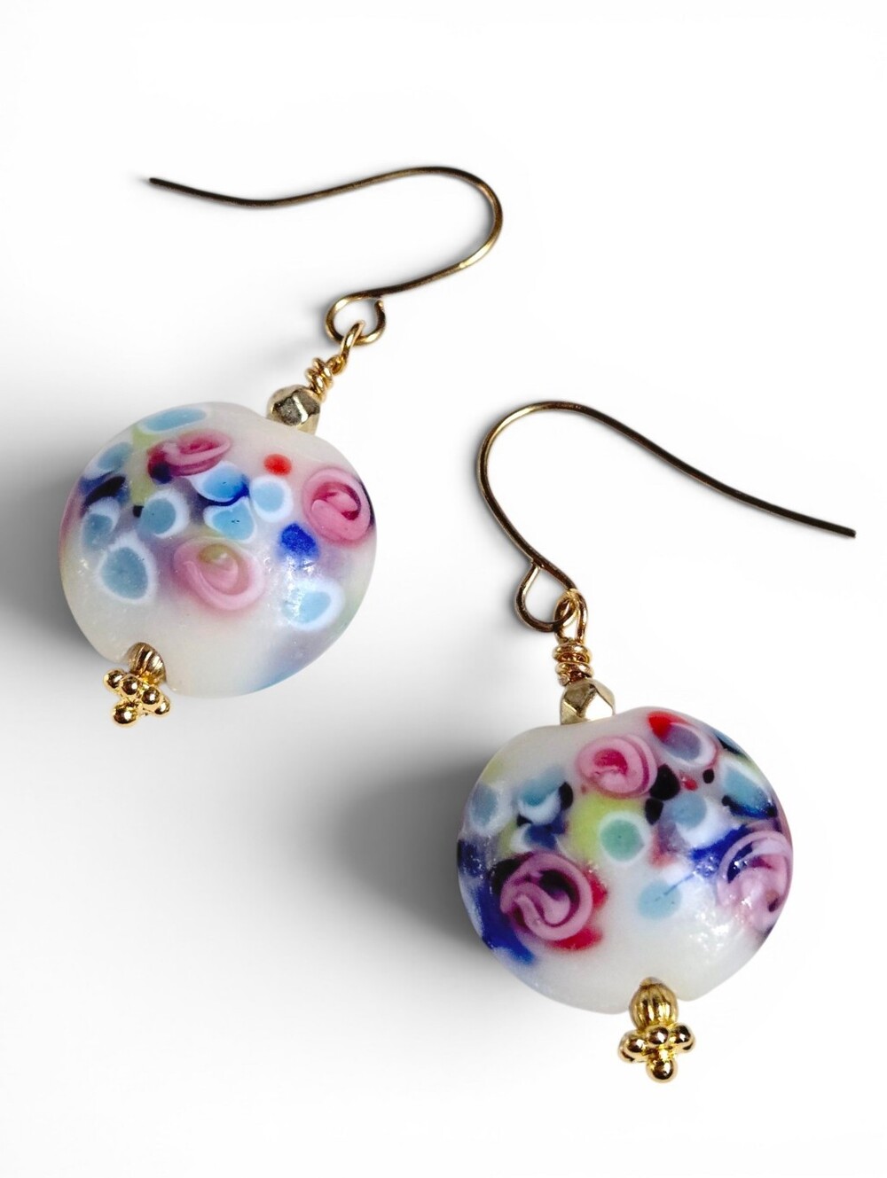 Handmade Vintage Millefiori Glass Bead Earrings with Gold Hooks Dopamine